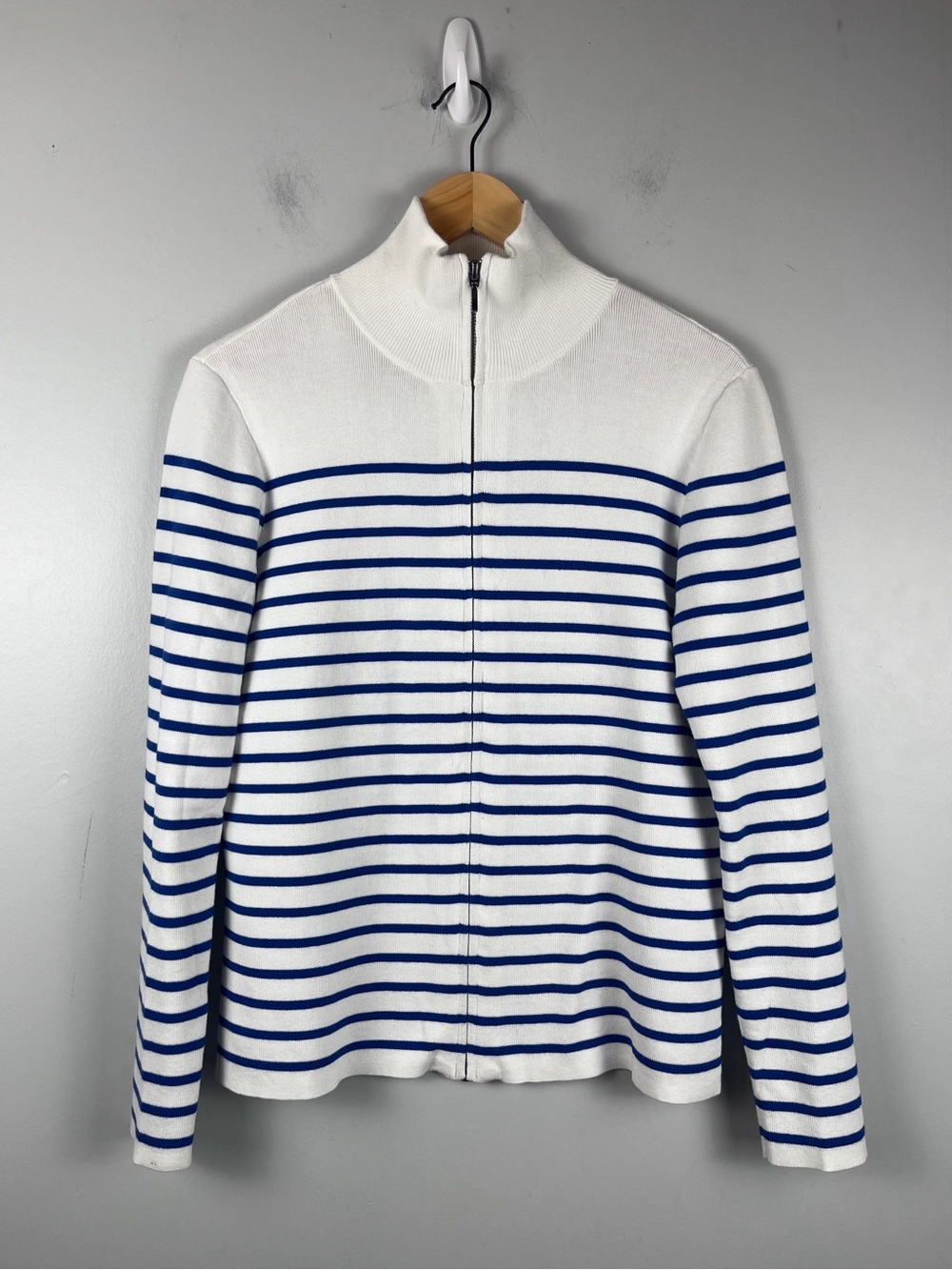 Pura cashmere 100% Supima cotton blue white stripe full zip jacket collar size M